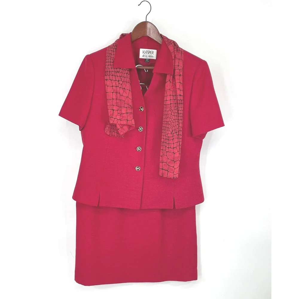 Kasper ASL Women Skirt Suit 12P Set Red Short Sleeve Scarf Professional